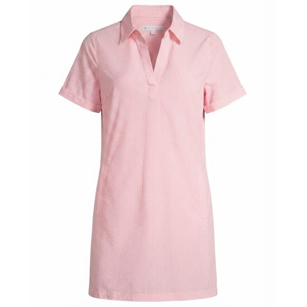 Southern Tide Pink White Seersucker Stripe brrr Cooling Dress Pockets Womens S